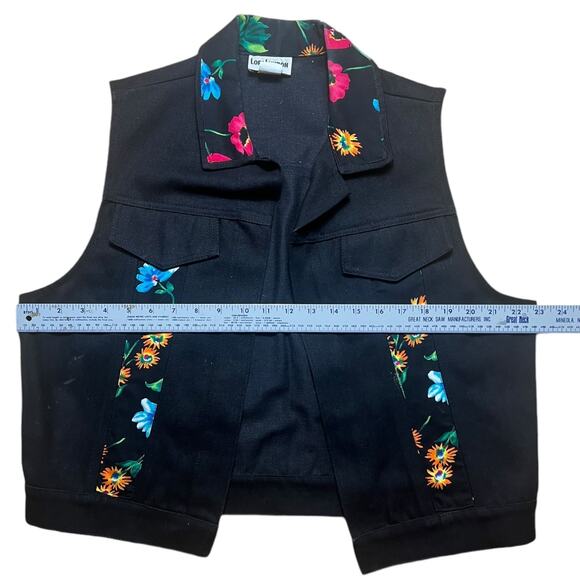 VINTAGE 90s Lori Lundon Floral Denim Vest Black Emo Punk Open Wear Size Large - Picture 4 of 6